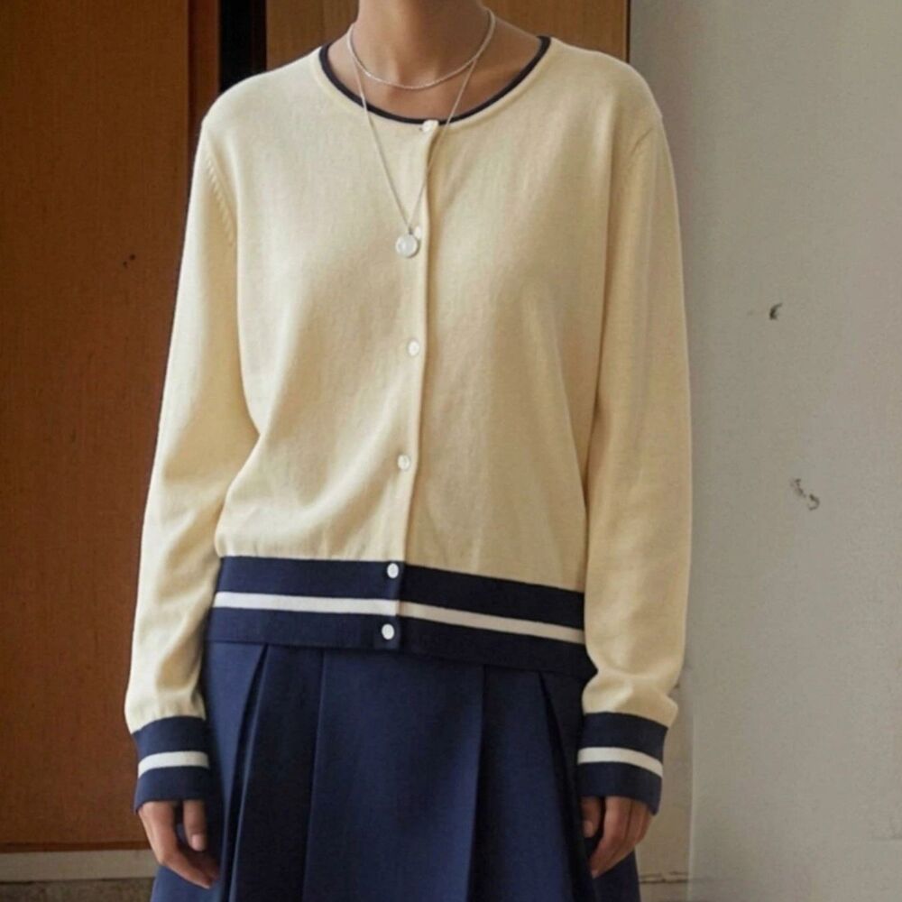Land's End Normcore Twee Beige/Blue Cardigan